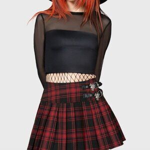 Killstar Bat Girl tartan plaid mini skirt stretch bat buckles pleated M